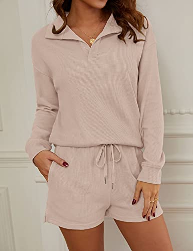 MEROKEETY Cable Knit Long Sleeve Tops and Shorts Pajamas Set