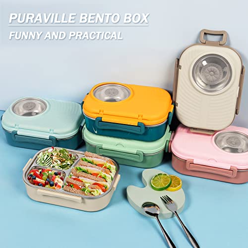 Stainless Steel Bento Lunch Box for Kids and Adults,Stackable BPA-Free Food  Containers with 3 Compartments and Reusable Sauce Bowl, Fork and Spoon,  (1000ml/34oz, Green) 